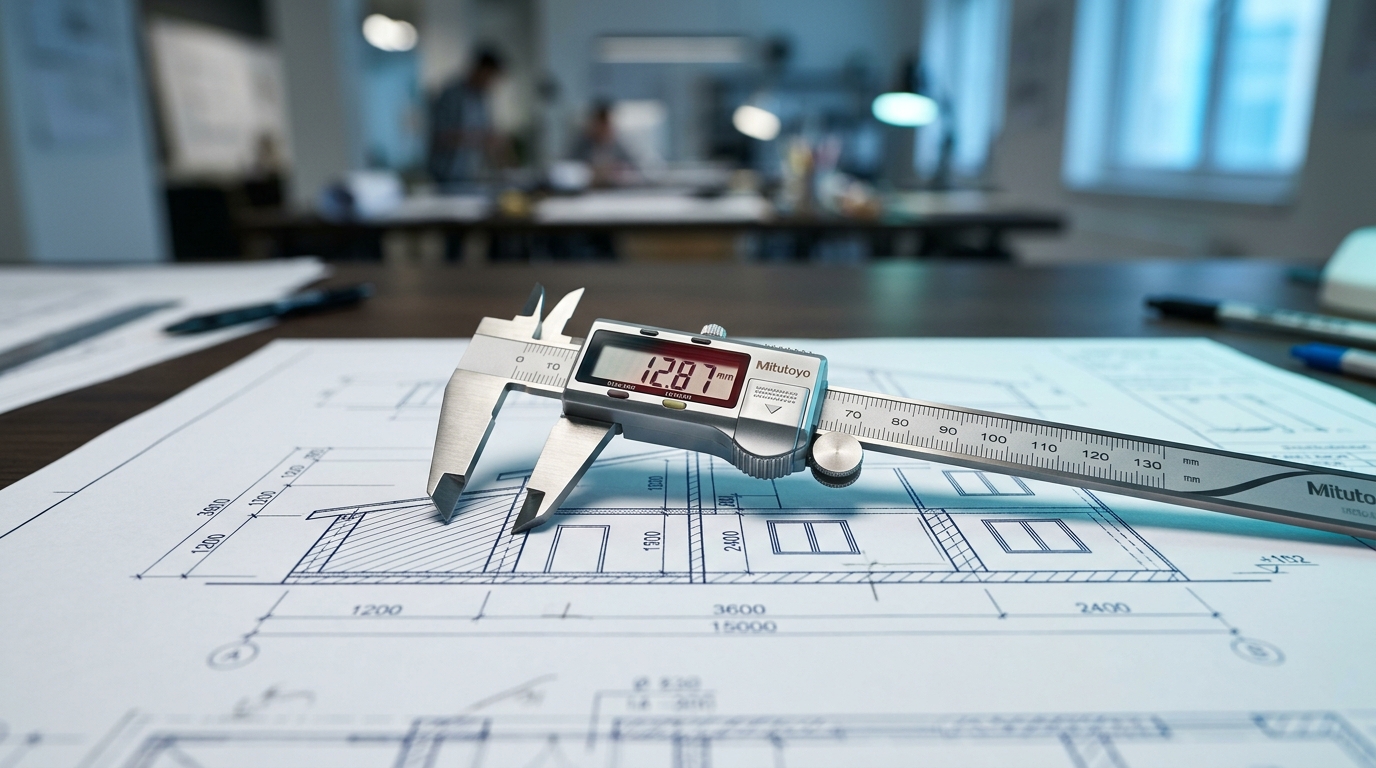Architectural blueprint drafting sheet with digital caliper
